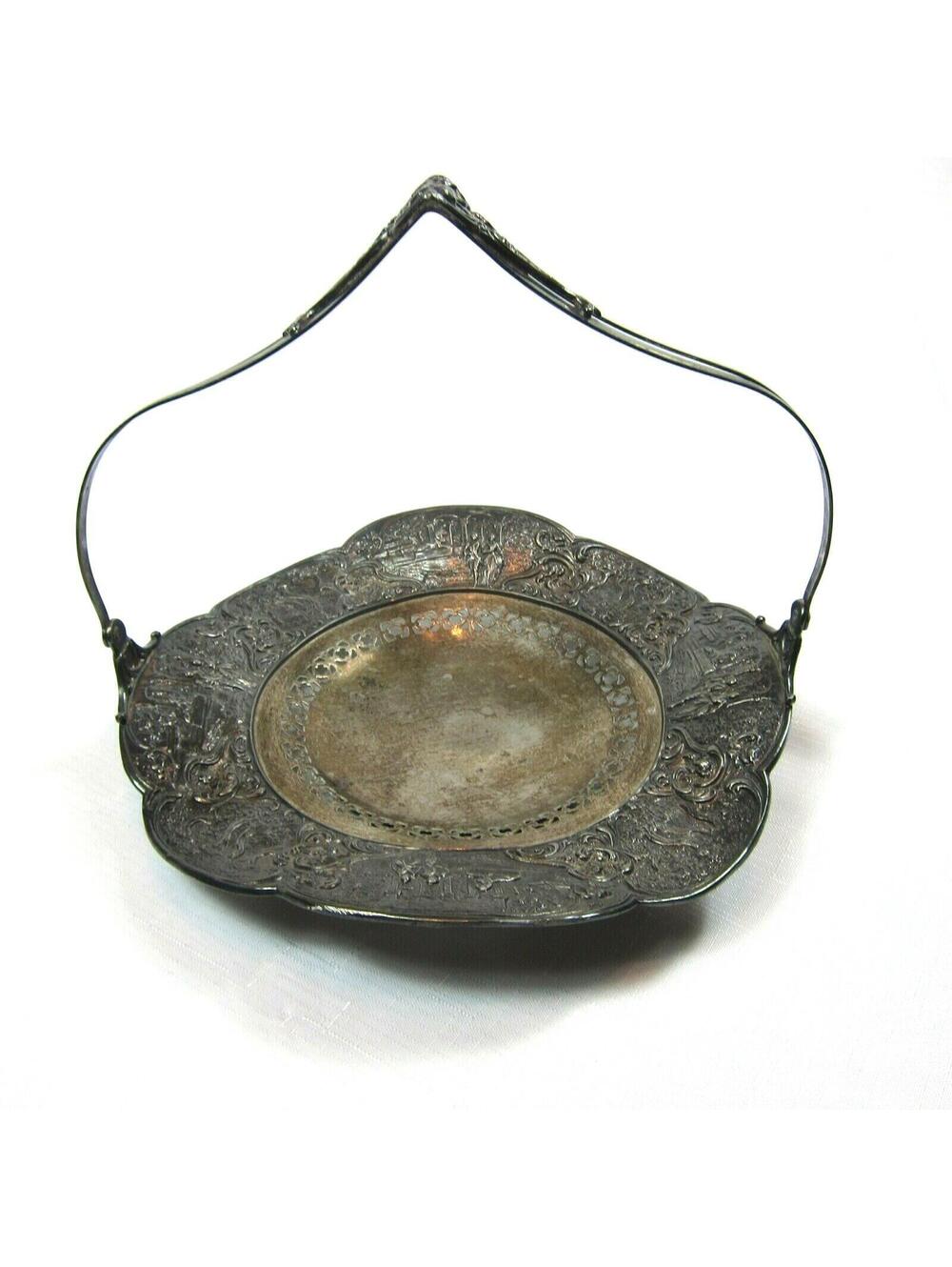 Antique 1910s Silverplate Repousse Cake Basket Sheffield USA Weidlich Bros Mfg